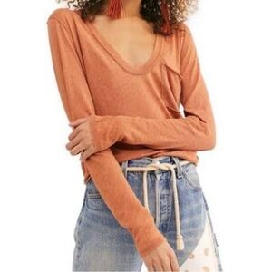 We the Free by Free People Orange Distressed Long Sleeve Size Small